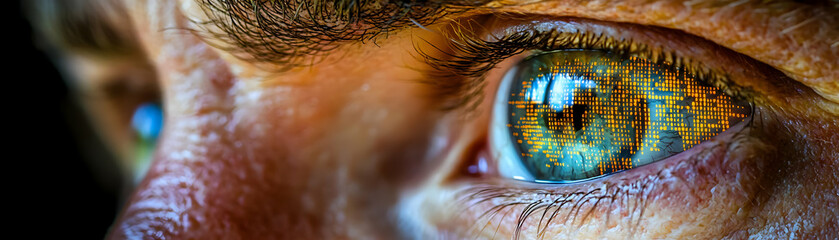 Wall Mural - macro image of technicians eye with digital code reflection with copy space concept as a close up im