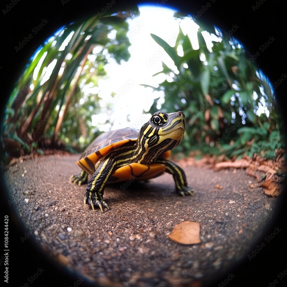 A small turtle makes its slow way along a garden path surrounded by vibrant greenery.
