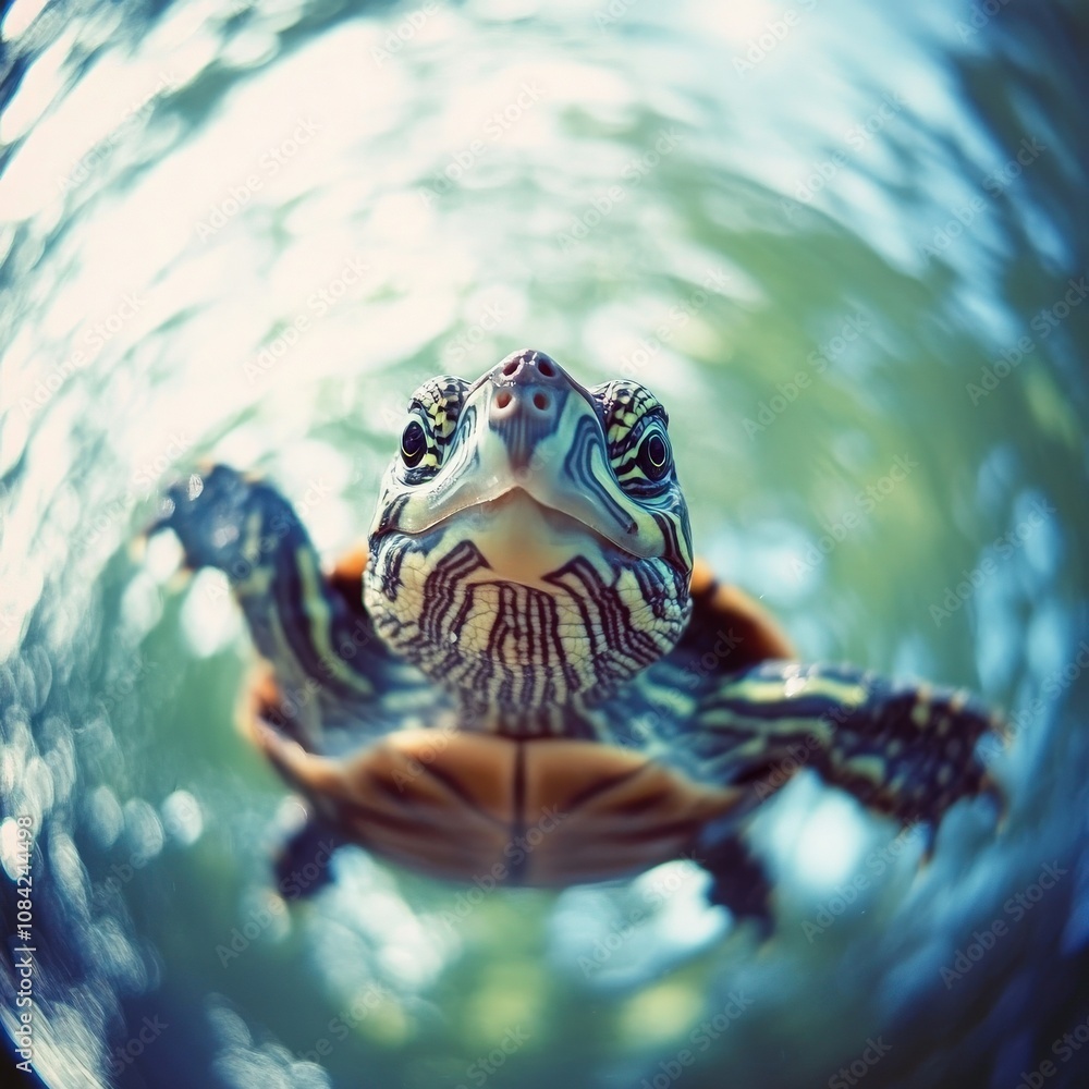 A charming turtle glides gracefully through clear water, displaying its vibrant shell and unique patterns. The calm environment and bright sunlight make this moment delightful and serene.