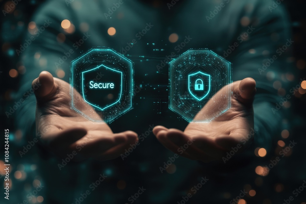 A cybersecurity specialist is showcasing virtual security concepts with holographic displays in a modern environment.