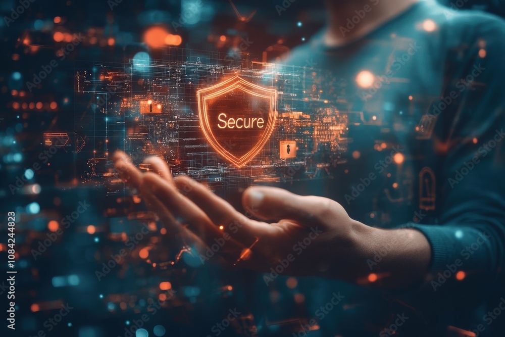 A cybersecurity expert is showcasing virtual security protocols. The specialist holds a digital shield displaying the word Secure in a futuristic environment filled with glowing data points.