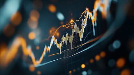 Close-up of a financial stock market chart with candlestick graph and fluctuating lines in a digital interface, showcasing dynamic trading data