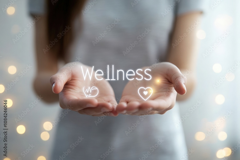 A healthcare professional holds virtual icons representing wellness and health in their hands, displaying a commitment to promoting well-being. The background adds a soft, modern touch.