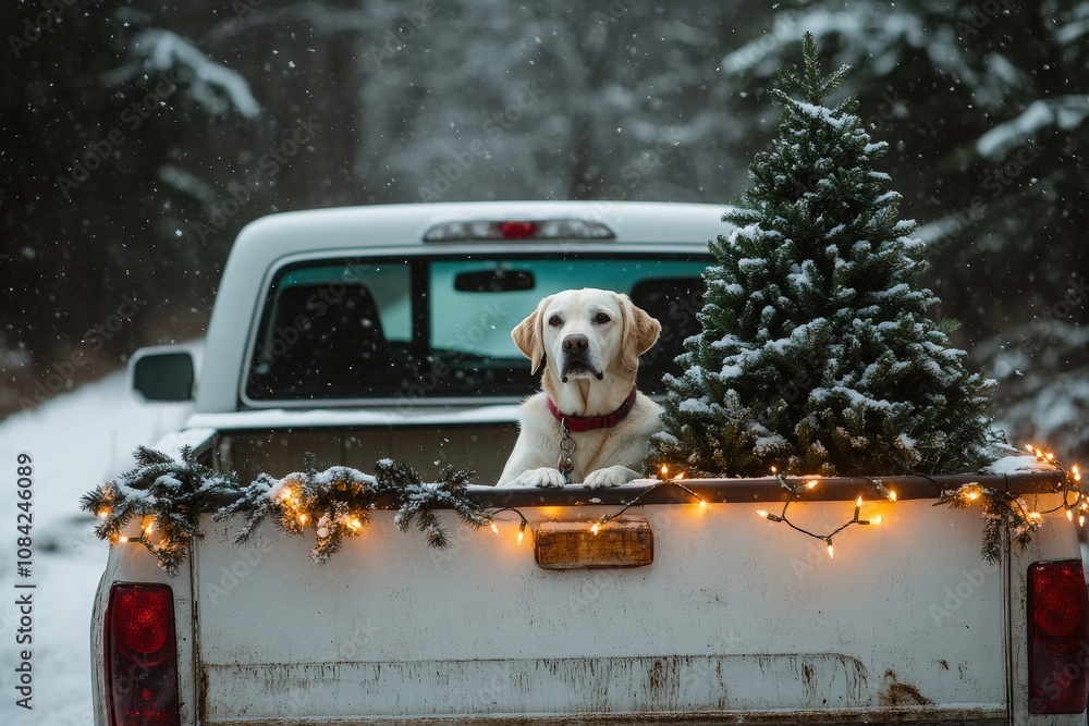 A Labrador retriever relaxes in the bed of a truck, surrounded by a decorated Christmas tree and twinkling lights amid a snowy forest, evoking a festive winter atmosphere.