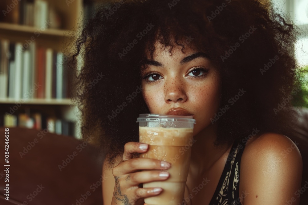An Afroamerican woman with beautiful brown hair is enjoying a cold coffee drink while gazing directly at the viewer.
