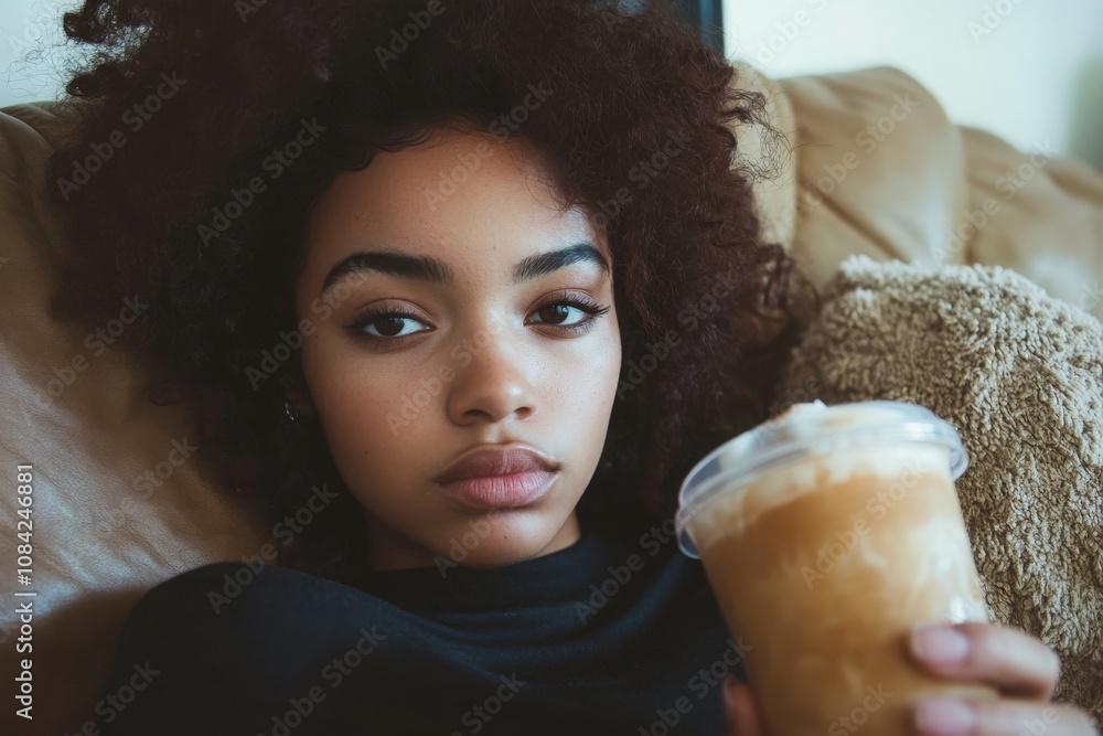 An Afrocail woman with brown hair sits comfortably on a couch, holding a refreshing beverage. She has a relaxed expression, enjoying her moment of peace in a cozy environment.