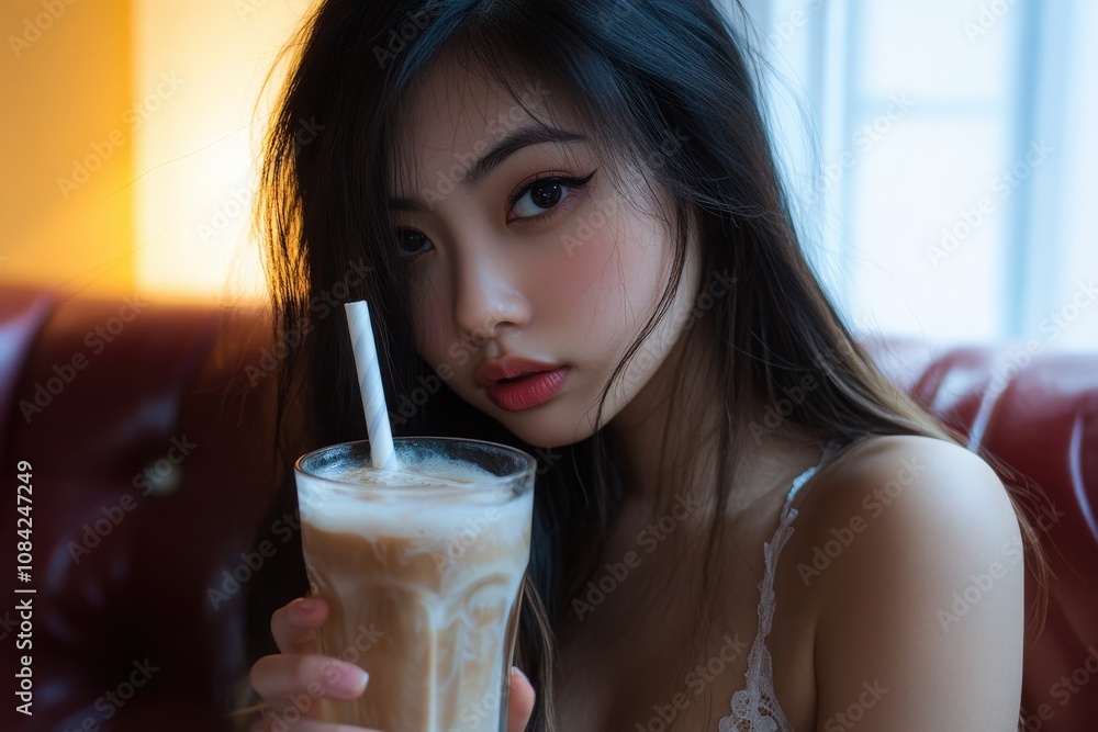 An Asian woman with heavy makeup is taking a selfie while covering her face with her hand. She is holding a drink and surrounded by soft lighting in a cozy environment.
