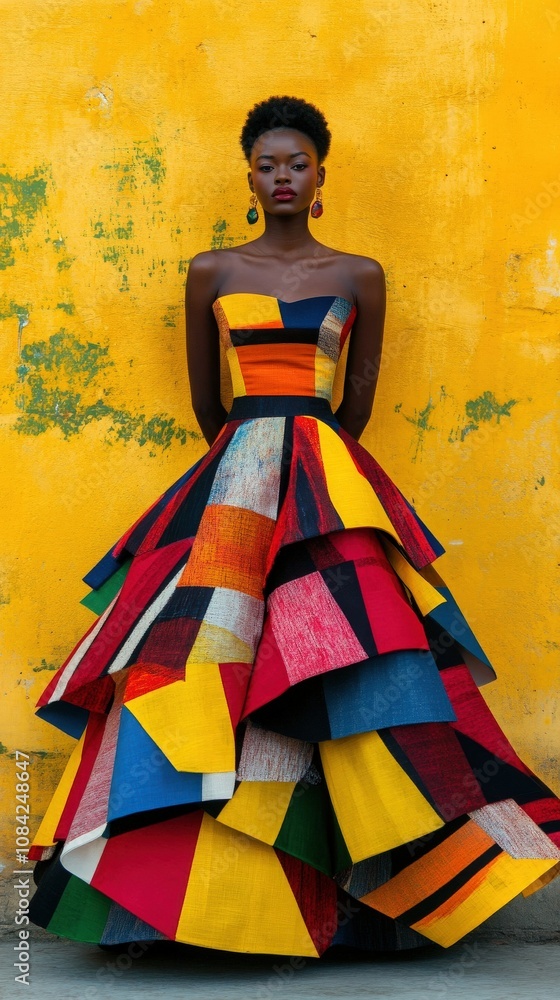 A model wears a striking geometric dress with a variety of bold colors, showcasing an avant-garde design.