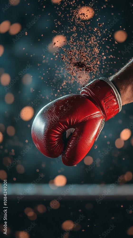 A red boxing glove is thrusting forward, creating a dynamic moment of impact. Sparks and particles scatter in the air, showcasing the intensity of the sport with a blurred background.