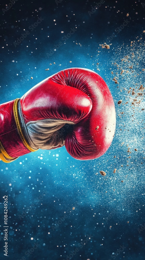 A boxing glove is seen delivering a strong punch against a backdrop of scattered particles in a cosmic atmosphere.