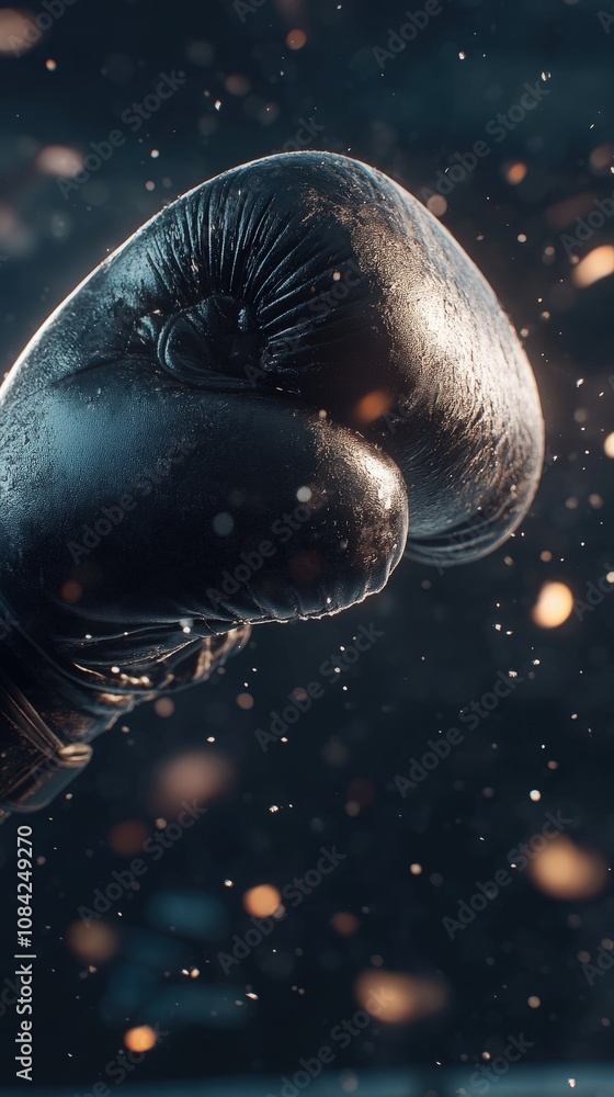 A boxing glove punches through the air, surrounded by a flurry of dust and light particles. This moment captures the strength and energy of the sport during intense training.