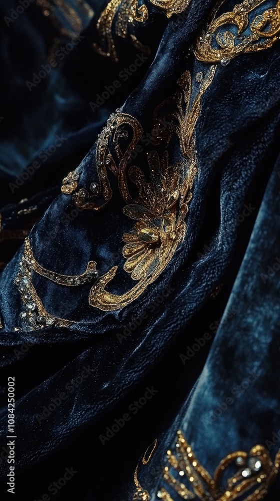 Delicate embroidery and intricate designs adorn rich, dark fabric, highlighting the craftsmanship of haute couture fashion.