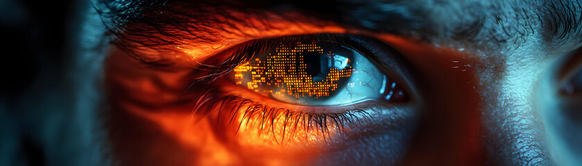 Wall Mural - macro image of technicians eye with digital code reflection with copy space concept as a close up im