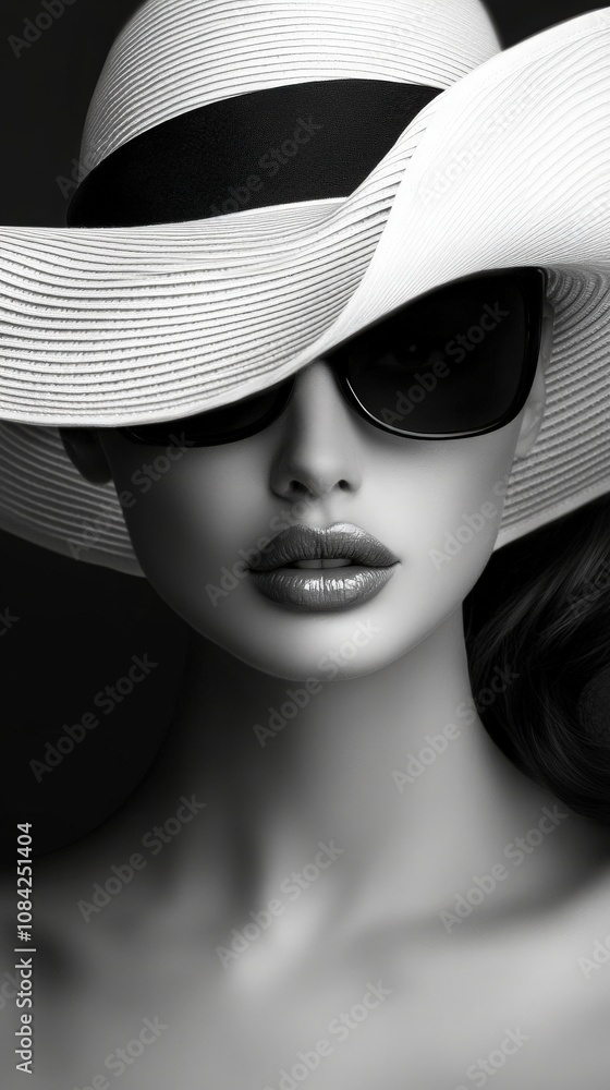 A striking black and white portrait captures a models intense gaze, framed by a large hat and sunglasses. The high-contrast lighting accentuates her features, creating a bold impression.