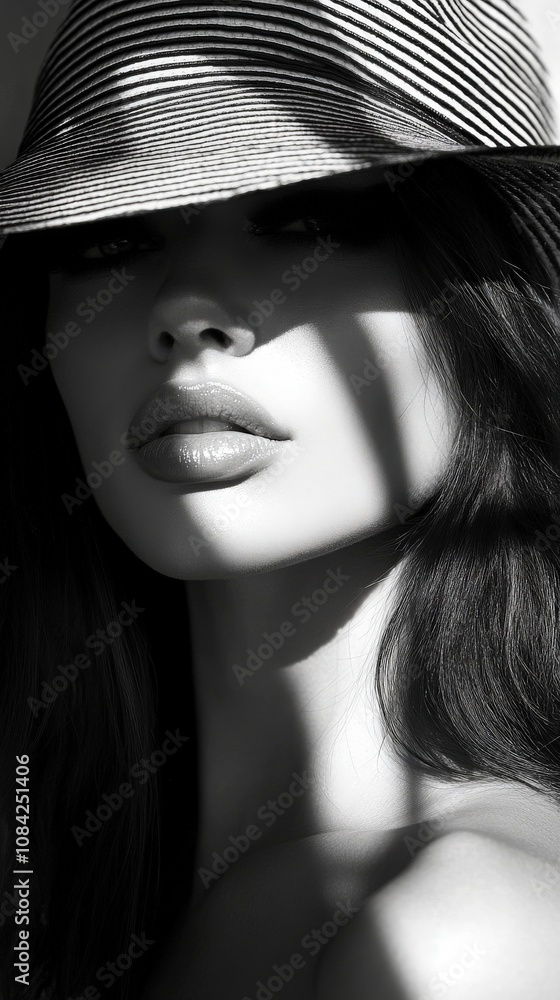 A striking black and white portrait captures a model with gentle features and full lips. The soft lighting creates an alluring shadow across her face, emphasizing her captivating gaze and stylish hat.