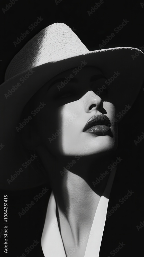 A model showcases elegant features in a dramatic black and white setting.