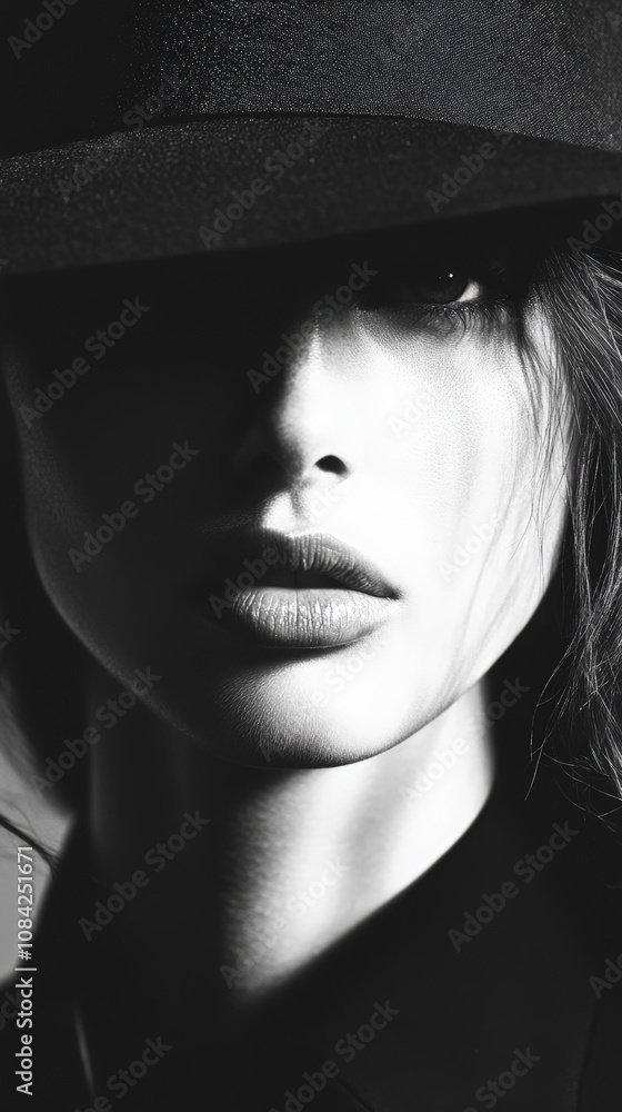 A striking black and white portrait captures a models face partially obscured by a hat, emphasizing her alluring features and the interplay of light and shadows.