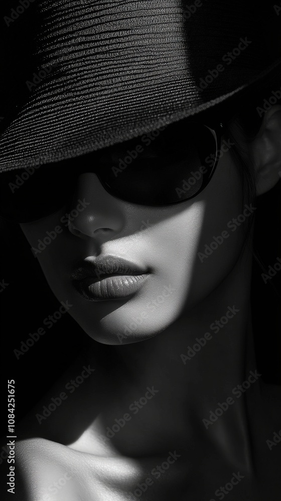 A striking portrait captures the models profile, featuring a wide-brimmed hat and dark sunglasses. The lighting creates shadows that enhance the elegance and allure of the subject.