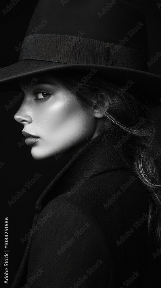A striking black and white portrait captures a model in profile, showcasing her confident expression while wearing a stylish hat and coat.