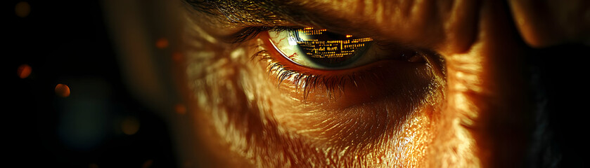 Wall Mural - macro image of technicians eye with digital code reflection with copy space concept as a close up im