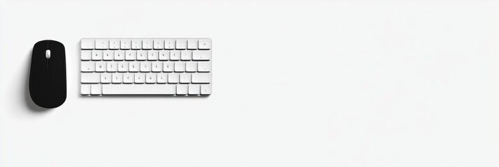 Leinwandbilder - A black mouse sits next to a white keyboard on a bright white surface, ideal for a modern digital workspace during the day. Generative AI