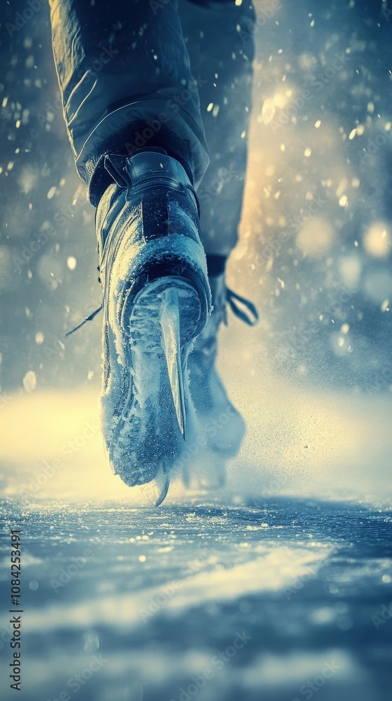 An ice hockey player glides swiftly across the rink with determination and focus. The atmosphere is charged as the player maneuvers through the icy terrain, showcasing skill.