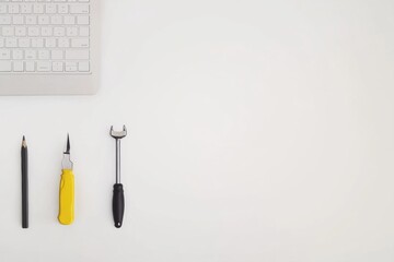 Fototapete - A computer keyboard sits next to a variety of tools, including a screwdriver and pliers, arranged carefully on a well-lit desk. Generative AI