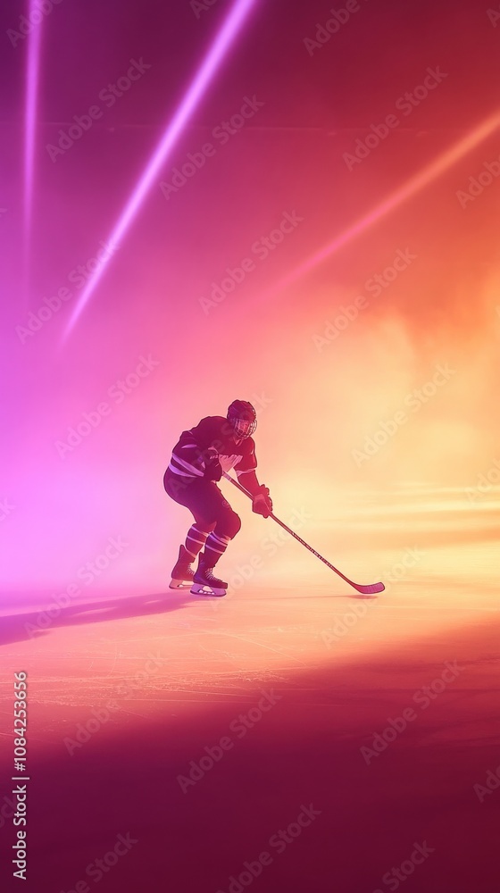 An ice hockey player skillfully maneuvers on the rink, intensely focused on the puck amid vibrant lights.
