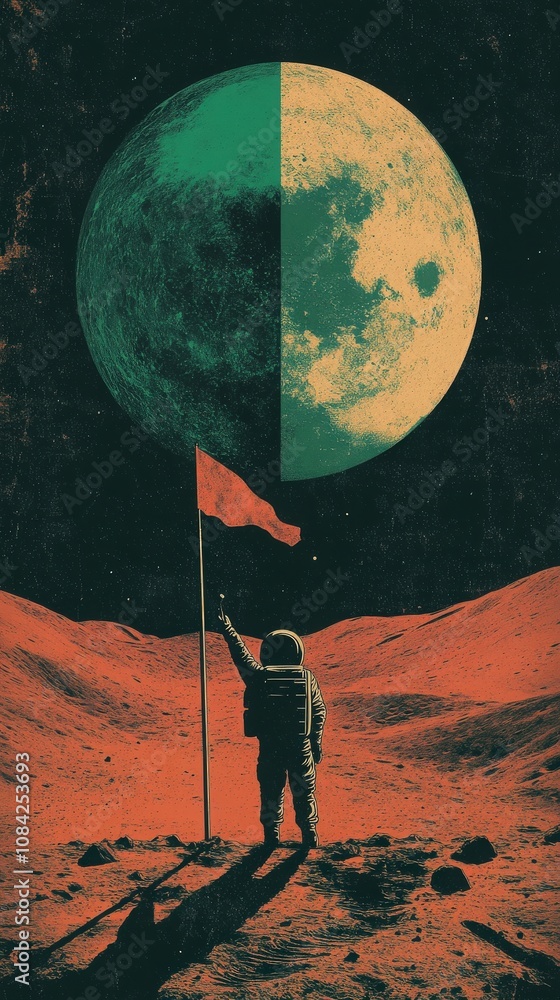 An astronaut stands on the moons surface, planting a flag. The vast lunar landscape is illuminated by the distant Earth, creating a stunning contrast against the starry backdrop.