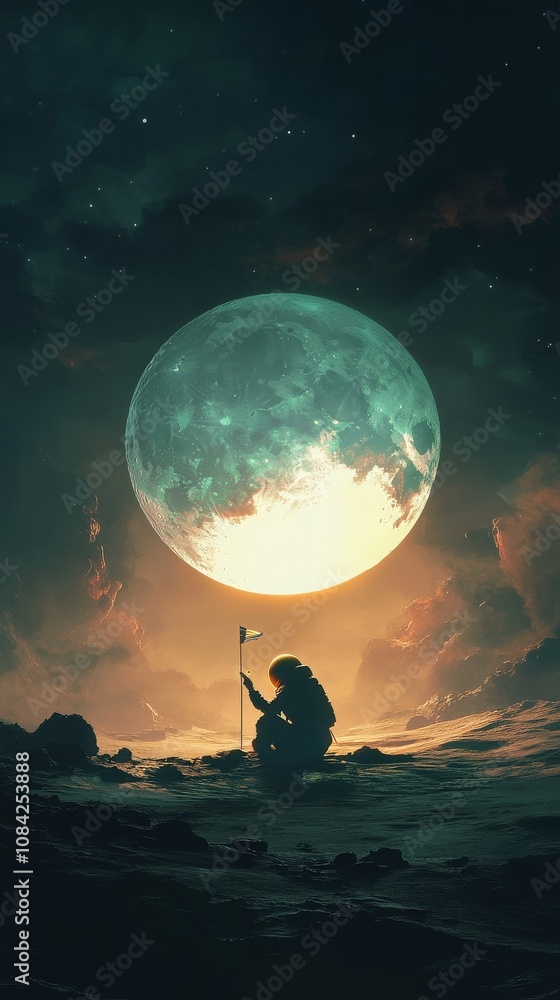 An astronaut kneels on the lunar surface, planting a flag as a massive moon rises behind. The quietness of space enhances the moments significance, showcasing a blend of exploration and tranquility.