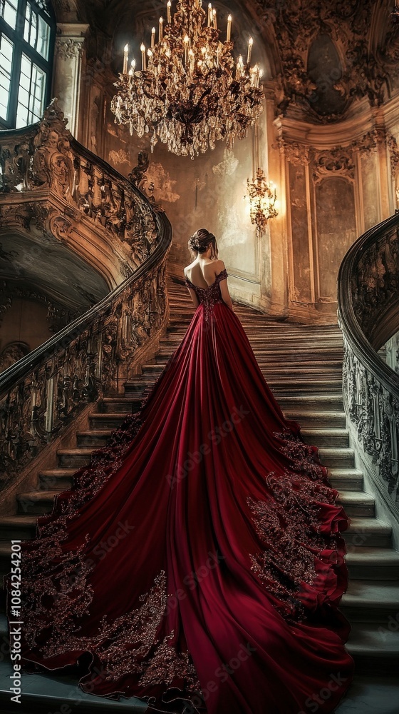 A striking gown flows gracefully as a woman climbs a grand staircase adorned with intricate details.
