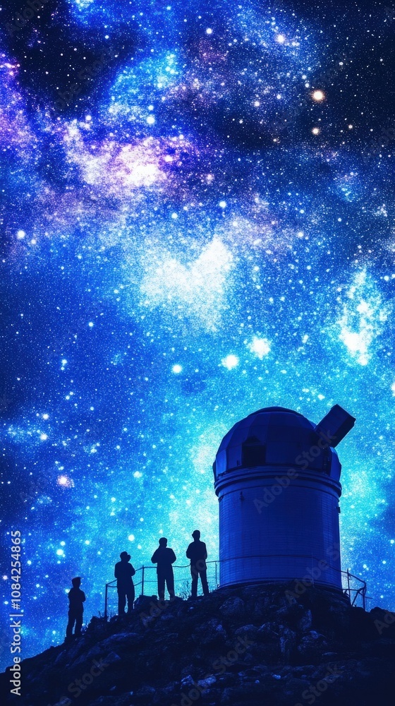 A group of astronomers stands atop a mountain, gazing at the expansive night sky filled with colorful stars and cosmic formations.