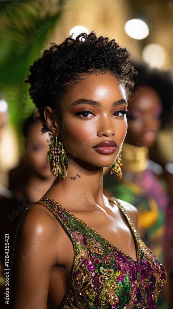 Models walk gracefully down the runway, showcasing intricate and luxurious evening gowns adorned with vibrant colors and elegant designs. The atmosphere exudes glamour and sophistication.