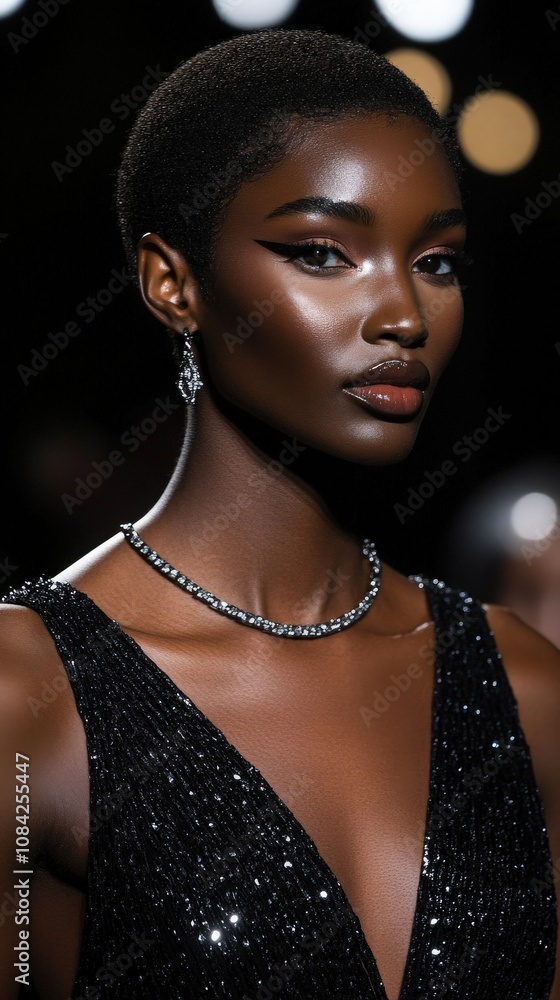 Models elegantly display luxurious evening attire while walking the runway at a high-profile fashion event. The atmosphere is vibrant and filled with excitement as guests admire the stunning designs.