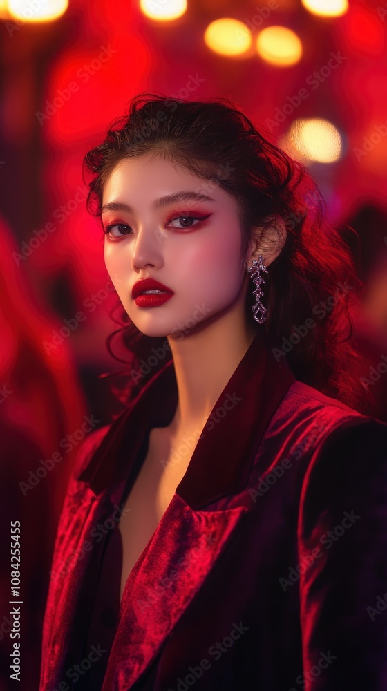 Models walk elegantly in luxurious evening attire, highlighting intricate designs under dazzling lights. The atmosphere is filled with excitement and style, perfect for a high-end fashion showcase.