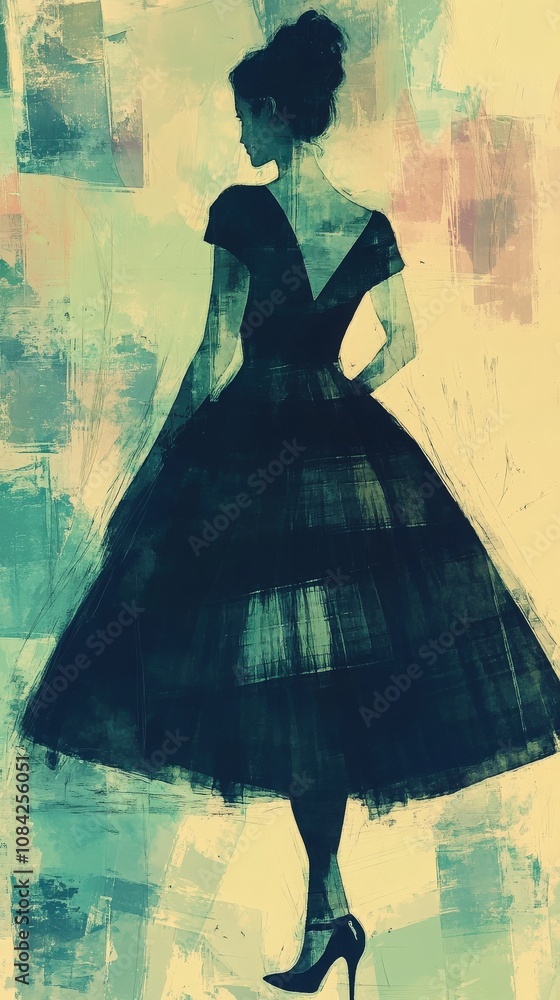This sketch features a stunning vintage haute couture gown from the 1950s, showcasing a layered design with a fitted bodice and full skirt. The artwork combines elegance and modern artistic elements.