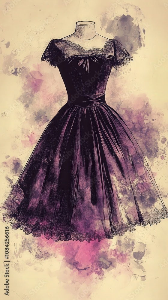 This vintage haute couture illustration features a stunning black and purple dress displayed on a mannequin.