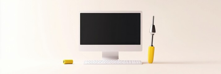 Leinwandbilder - A computer monitor sits alongside a keyboard and a yellow screwdriver, illustrating a DIY approach to technology repairs at home. Generative AI
