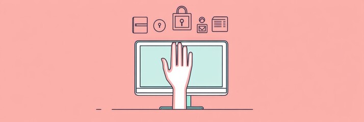 Leinwandbilder - A hand extends towards a computer screen filled with various security and settings icons, suggesting digital interaction and control. Generative AI