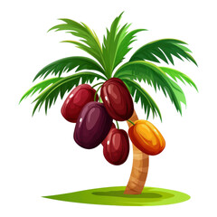 Sticker - Vibrant Cartoon Date Palm Tree with Colorful Fruits Representing Tropical Paradise and Exotic Nature, Ideal for Illustrations, Designs, and Food Related Themes