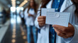 © RISHAD - Healthcare professionals holding blank name tags in hospital corridor