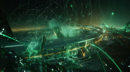 Wall Mural - abstract light streaks in a dynamic digital space with glowing green elements
