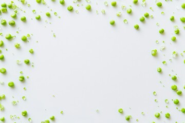 Aufkleber - Green peas and droplets of juice are artfully scattered on a clean white background, highlighting freshness and culinary creativity. Generative AI
