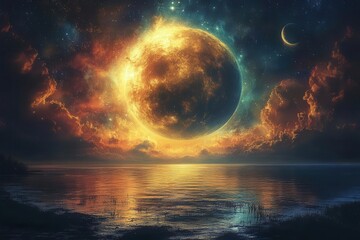 Wall Mural - dramatic cosmic scene featuring a glowing planet with swirling colors, a distant moon casting reflections, and a vibrant nebula filling the background, evoking wonder and exploration