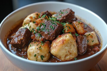 Wall Mural - Delicious beef stew with dumplings, carrots, and fresh parsley garnished on top