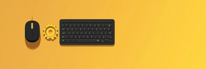 Leinwandbilder - A black keyboard sits next to a black mouse, overlaid with a yellow gear on a vibrant yellow background, representing technology and design. Generative AI