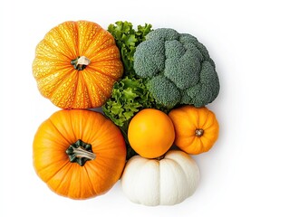 Poster - A vibrant assortment of pumpkins, broccoli, and fresh greens arranged artfully, showcasing seasonal produce in bright colors.