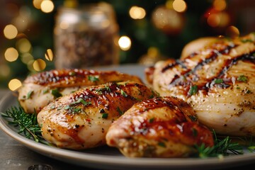 Wall Mural - chicken turkey in house with christmas treeJuicy grilled chicken breasts garnished with herbs, presented on a plate, with a festive background of blurred lights.