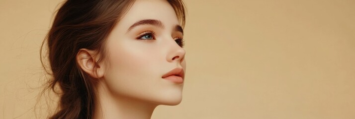 Aufkleber - A young woman gazes thoughtfully while highlighting beauty trends related to cosmetic enhancement in a neutral-toned environment. Generative AI