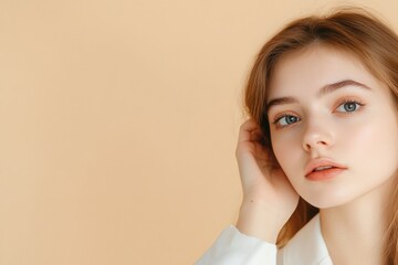 Aufkleber - This young woman explores cosmetic surgery alternatives, highlighting her flawless skin and genuine interest in enhancing her appearance. Generative AI